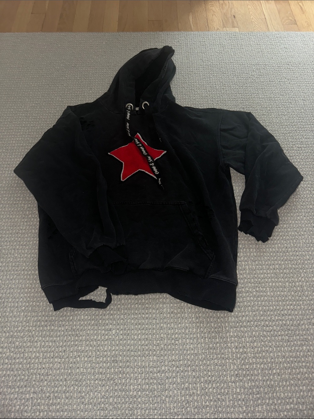 Emma & Sam Black distressed oversized Hoodie with Red Star Patch